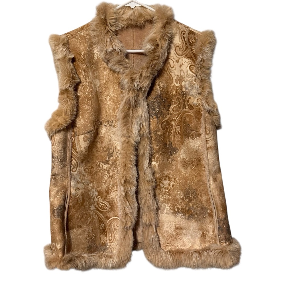 Hucke Vest Tan Paisley Rabbit Fur Trim Germany US 14 Festival Vintage Boho Chic